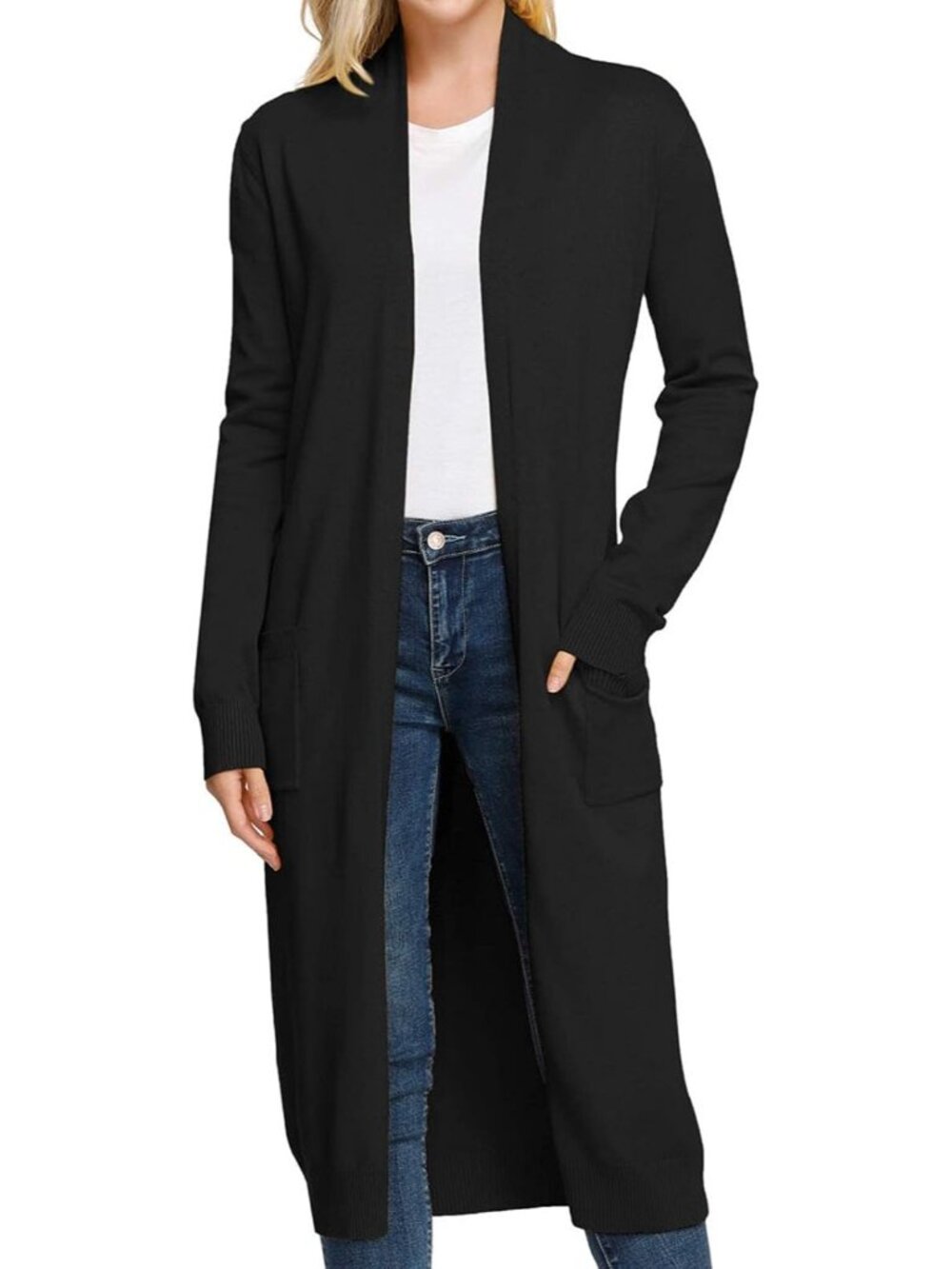 Women's Black Lightweight Solid Open Front Maxi Long Knitted Cardigan Sweater